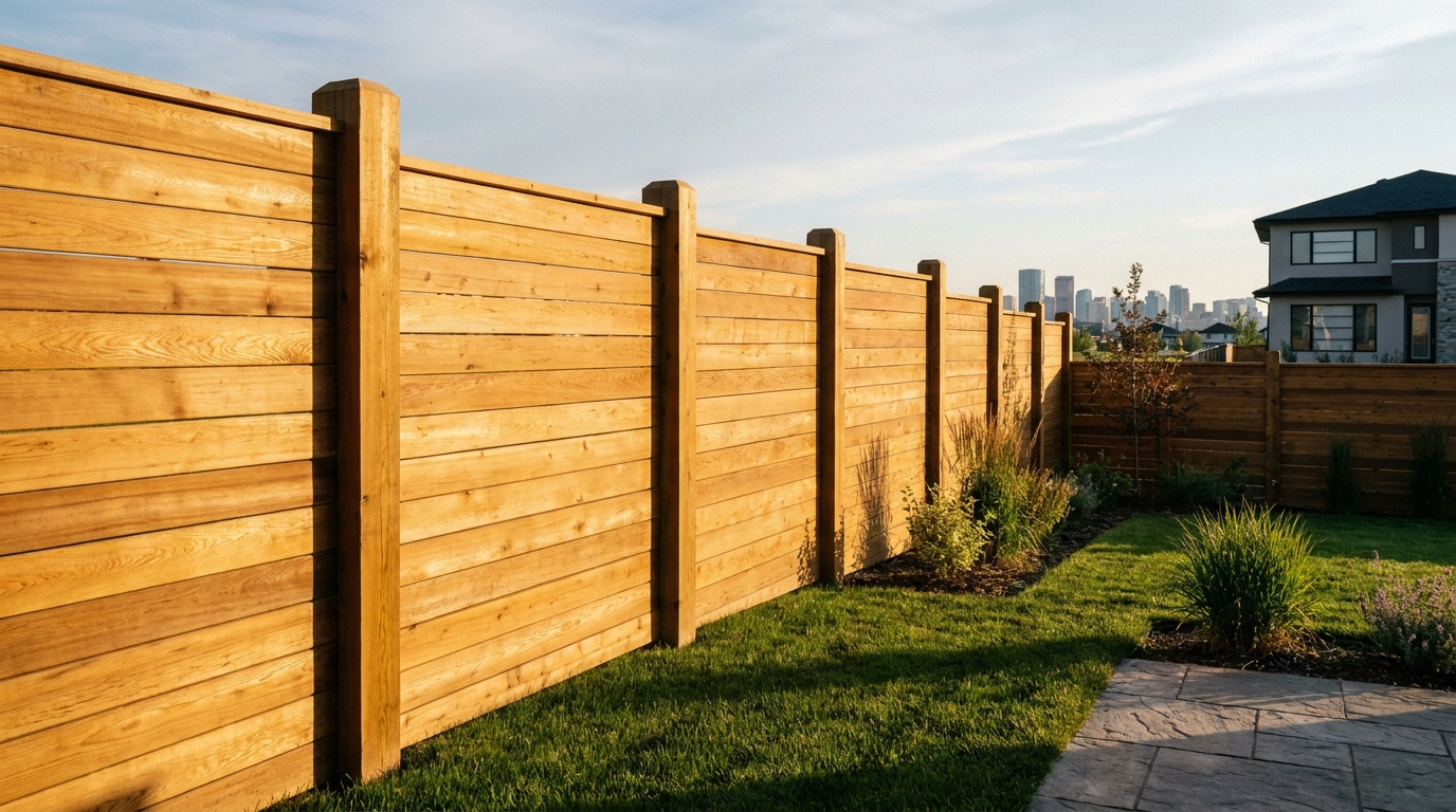 A newly built cedar wood privacy fence in a Calgary suburban backyard, even boards, clean post tops, late afternoon prairie light, premium carpentry showcase