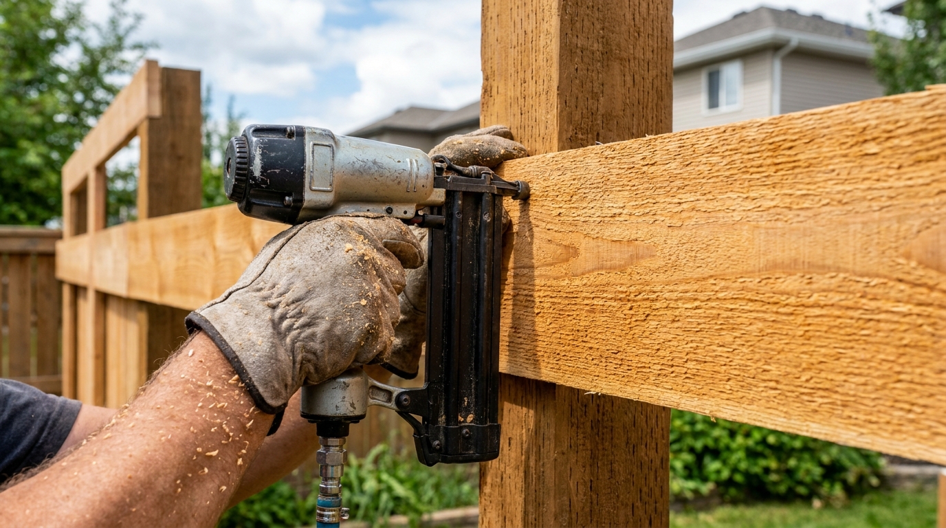 A close-up of a carpenter\'s hands installing horizontal fence boards with a nail gun, Calgary backyard setting, cedar wood grain visible, mid-afternoon natural light