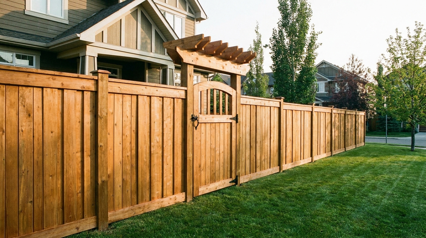 A freshly stained wooden fence and gate with cedar tone, premium carpentry, Calgary suburban home setting, soft morning light, completed project atmosphere